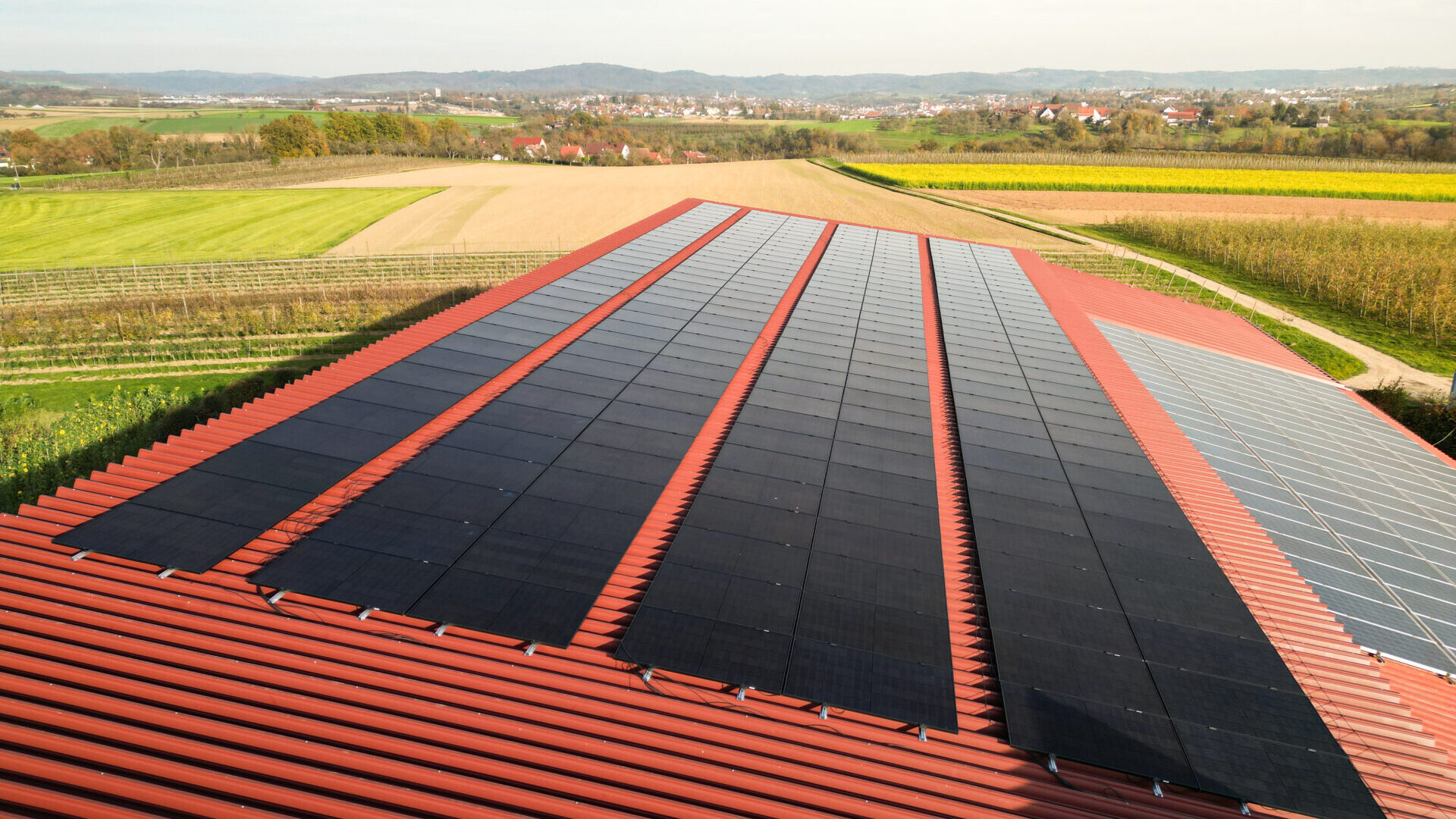 Drohnenansicht auf eine Photovoltaikanlage auf dem Dach einer Halle bei Sonnenschein